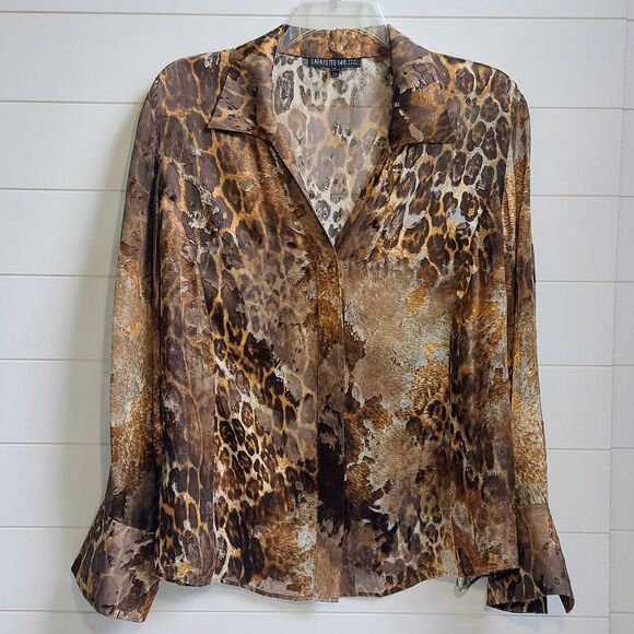 Lafayette 148 Animal Print Semi-Sheer Blouse Women's Size 18 Silk Blend Luxury - Picture 2 of 10